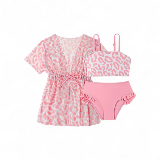 Pink and white cheeta 3pc  girls swimsuit