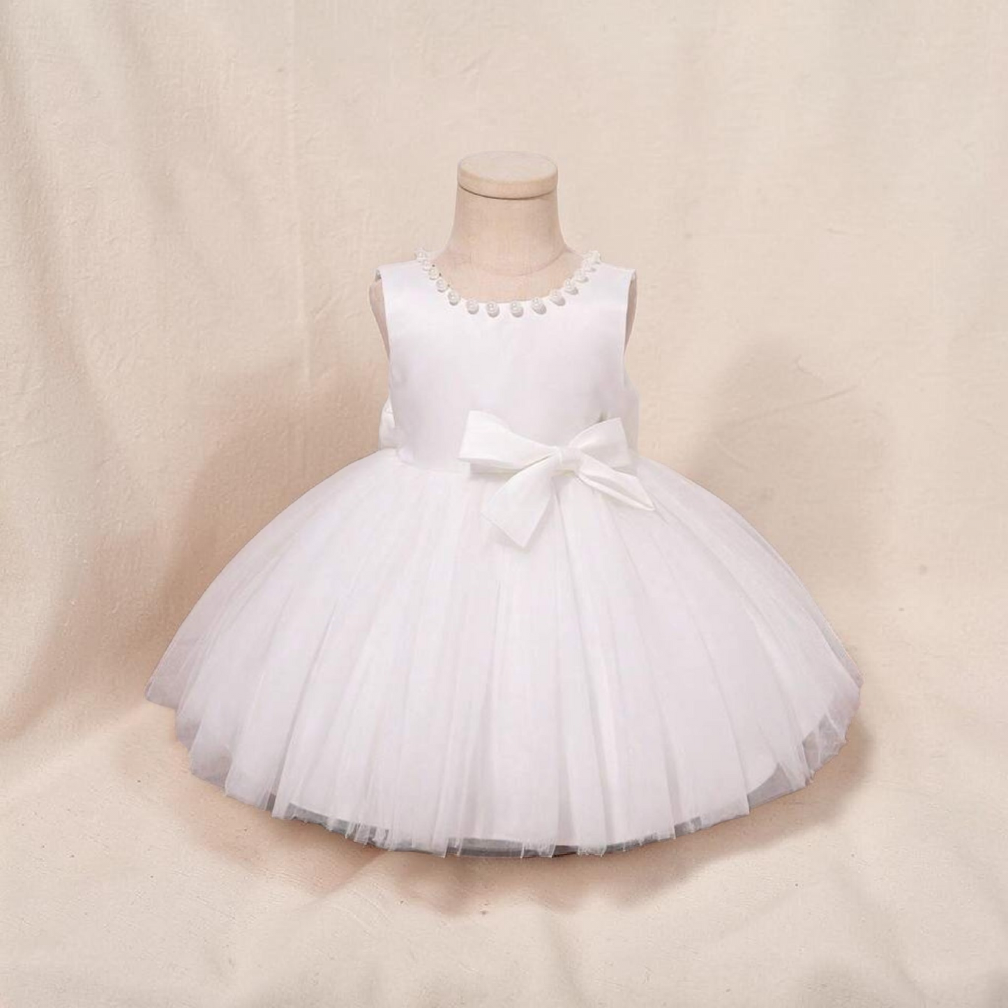 White pearl with bow baby girl formal dress