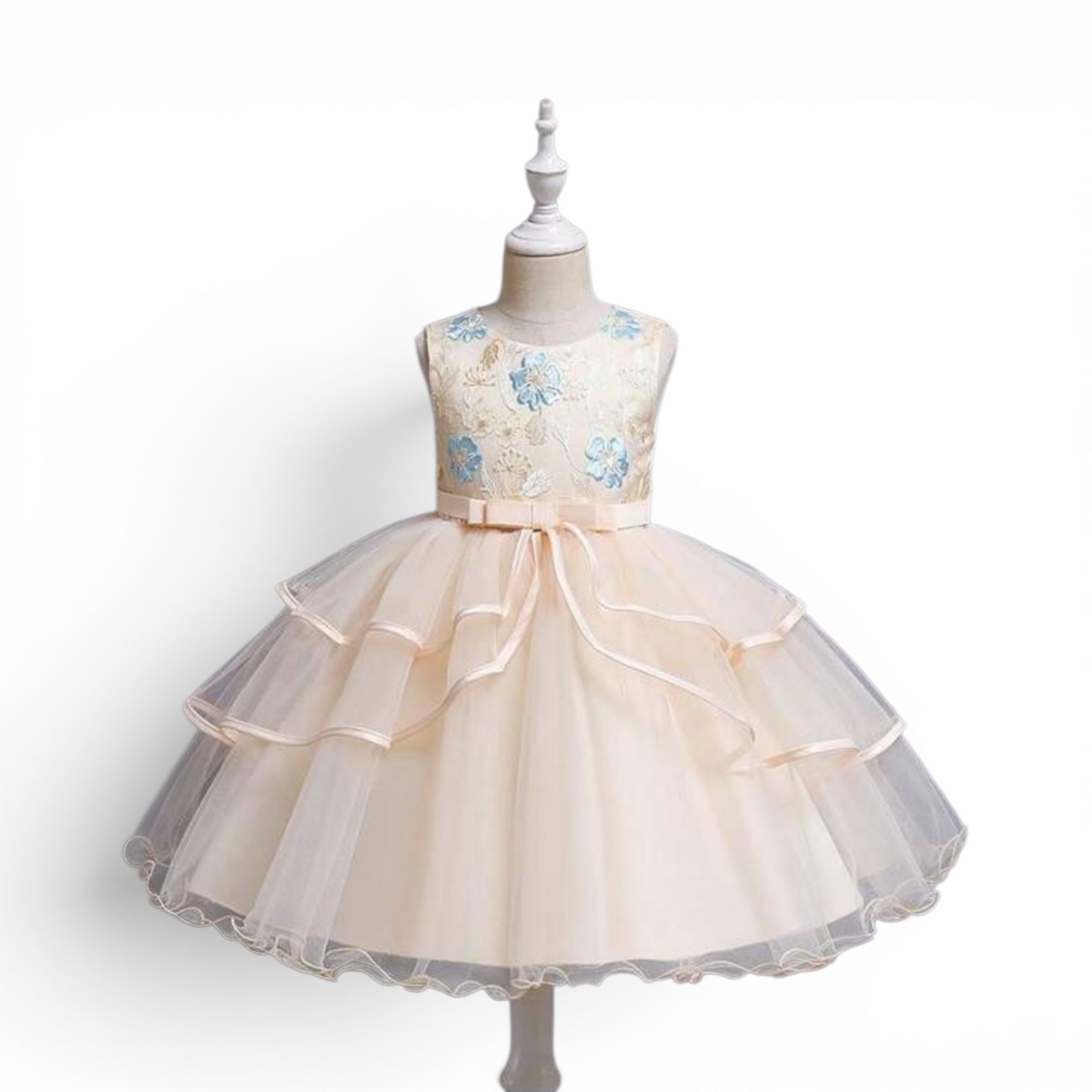 Peachy beige wotn blue floral embroidery girls formal dress
