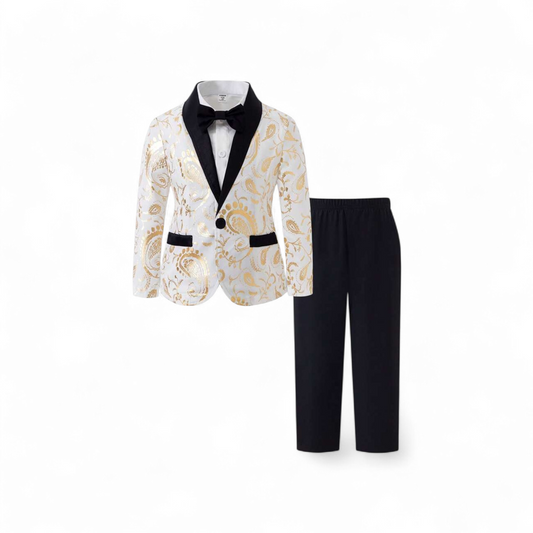 White & gold  with black pants boys formal set (shirt not included )